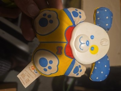 Fisher Price Dog Rattle Vintage 1990 1496 Plush Blue Yellow Hard Face Polka Dot