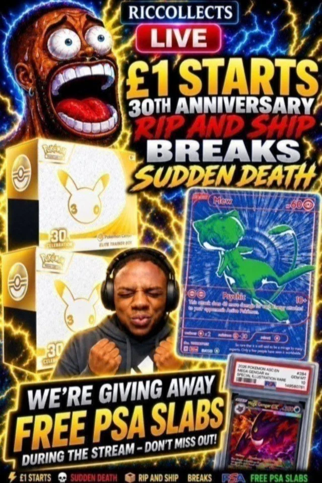 FREE PSA SLABS‼️ 30TH ANNIVERSARY £1 STARTS SUDDEN DEATH BREAKS AND RIP N…
