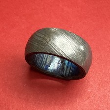 Men  s Damascus Steel Blue Plated Interior Textured Band Ring Size 8