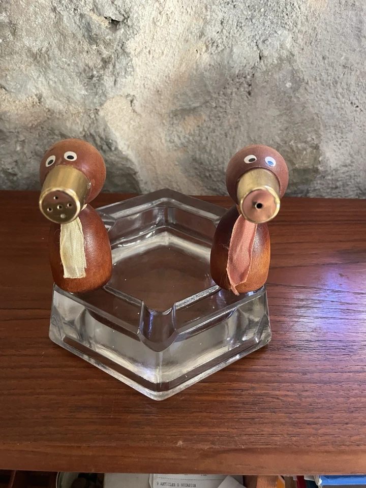 Ancienne salière + poivrière, en bois / teck, forme de canard , vintage - Photo 2/4