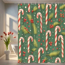Candy Cane Shower Curtain Holiday Decor with Berries and Evergreen Sprigs