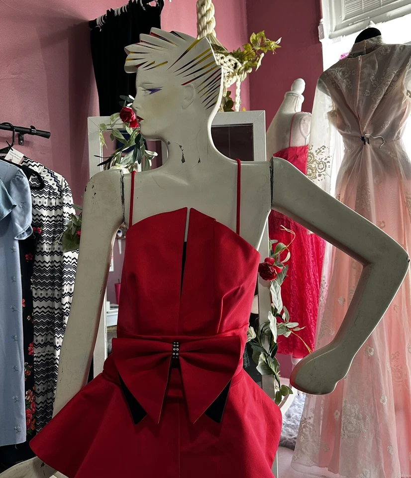 Mini Vestido Cóctel Vintage Años 80 Negro Rojo Estructurado Nueva Ola Avant Garde S/M Foto 3 de 4