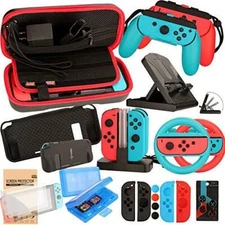 Accessories Kit for Nintendo Switch Games Bundle Wheel Grip Caps Carrying Case S