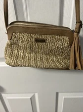 Sun N Sand Crossbody Crochet Zip Top Tan Bag Purse. GR11
