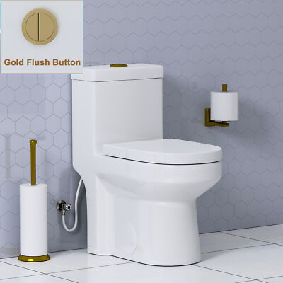 HOROW One Piece Toilet 12'' W/ Gold Button Powerful & Quiet Dual Flush, White