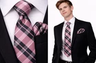 Tartan Men's Tie Handkerchief Silk Plaid Dusty Pink Black Check Napkin Hanky UK