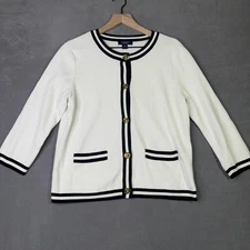 Chaps Cardigan Sweater Womens Large White Black Trim Cotton Jacket Preppy