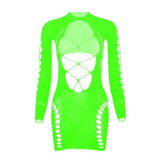 Womens Sheer Fishnet Hollow Out Long Sleeve Bodycon Lingerie Dress Mini Dress - Picture 59 of 72