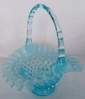 Vintage Aqua Blue Fenton Hobnail Flower Basket Crimped Handle Bride RARE