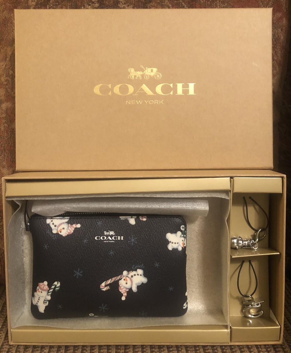 NWT-Coach-SET-Snowman Corner Zip Wristlet Pouch & Silver Charms