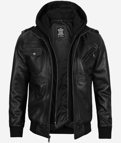Men's Removable Hood Bomber Moto Biker Racer Real Lambskin Black Leather Jacket - Picture 2 of 10