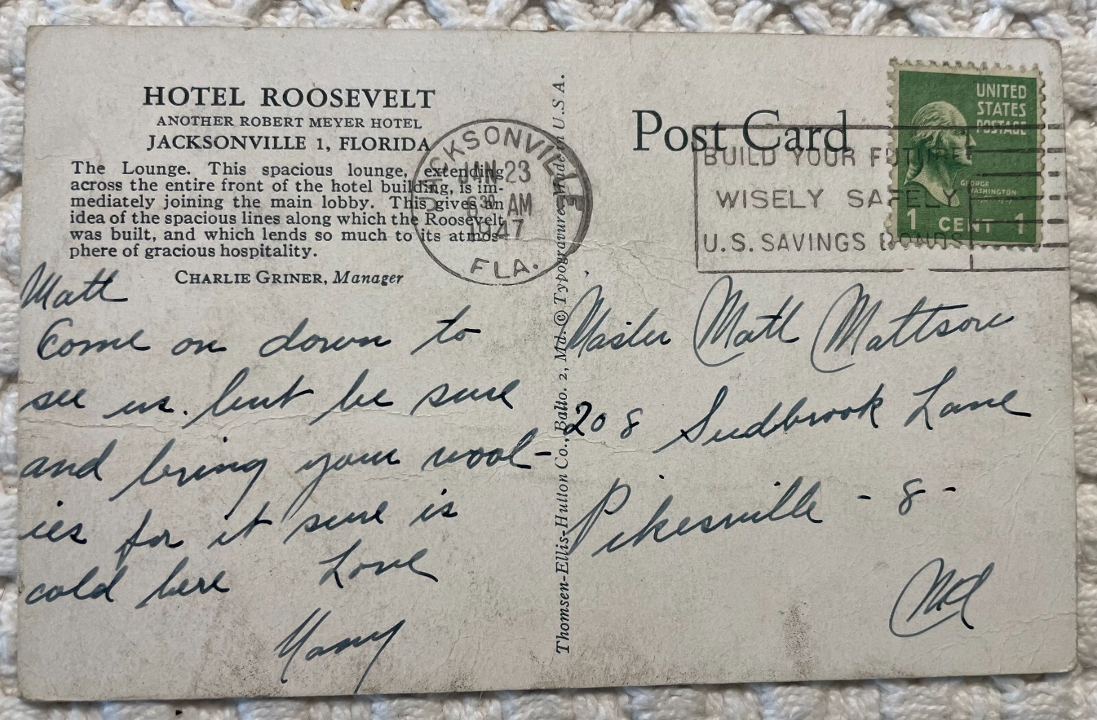 Hotel Roosevelt Lounge Jacksonville, Florida FL Vintage Postcard eBay