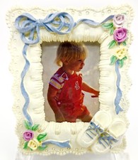 Nursery Picture Frame,White,Blue Shoes,Flowers,Blue Ribbon,Plastic,2"x1.5"
