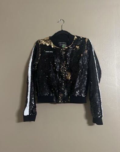 Hard Rock Guitar Co. Bomber Jacket Sz S Reversible Black & Gold Sequins Casual - Picture 3 of 8