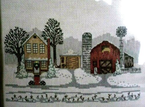 Farmhouse Picture Handmade Winter Country Counted Cross Stitch Vtg 10" x 8" - Picture 3 of 5