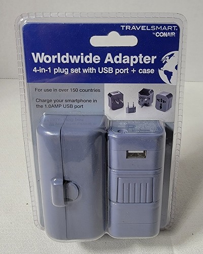WORLDWIDE ADAPTER 4-in-1 PLUG SET with USB PORT & CASE TRAVELSMART by CONAIR NEW
