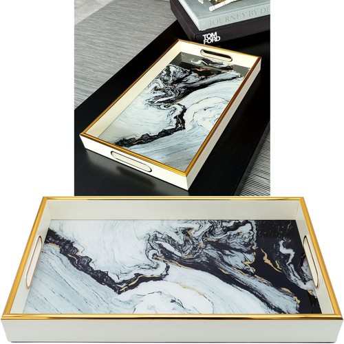 Luxury White Rectangle Kitchen Serving Drinks Candle Coffee Table Decor Tray - Picture 3 of 15