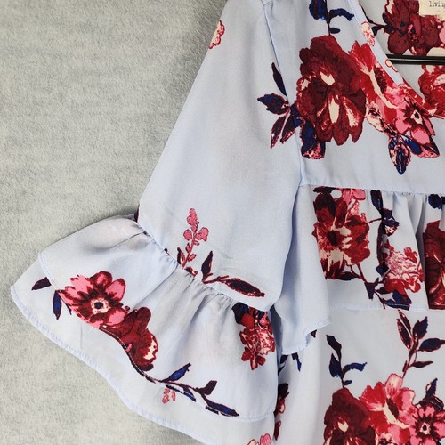 Living Doll Woman Pullover Half Sleeve Top M Blue Red Floral Ruffle Baby Doll