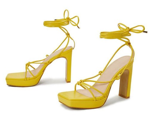 Women Summer Lace Up Platform Pump Shoes Square Open Toe High Heel Pumps Sandals - Imagen 6 de 18