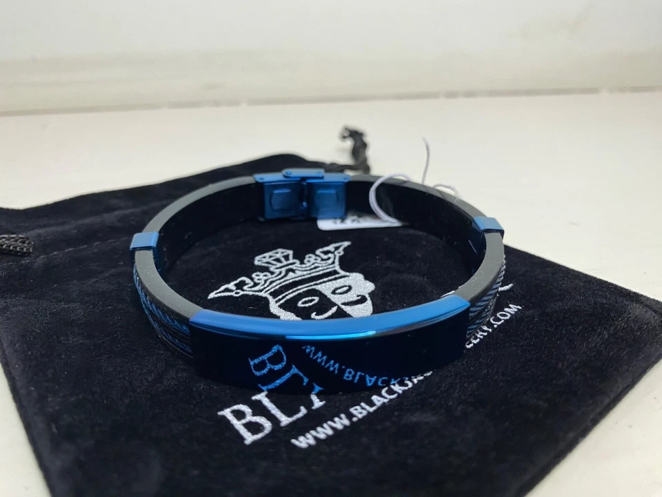 BLACKJACK Jewelry Designer Mens Bracelet Black Silicone Blue Stainless Steel Wir - Image 2 of 4