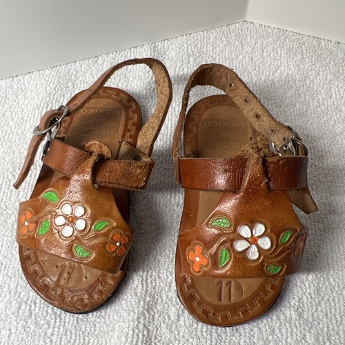 Handmade Mexico Baby Toddler Girl Flower Leather Sandals Size 2 - Picture 2 of 9