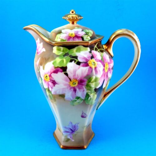 Painted Purple Clamatis Nippon Large Chocolate / Tea Pot (Some Gold Loss) - Picture 1 of 12