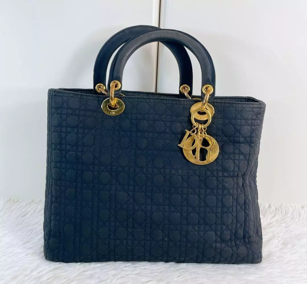 CHRISTIAN DIOR Cannage Medium Lady Dior sac à main fourre tout nylon cuir noir