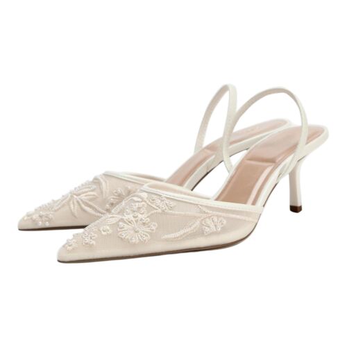 Women Embroidered Mesh Slingback Heels White Pearl Kitten Wedding Backless 9
