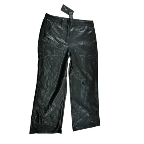 Sleek Black Faux Leather Wide Leg Pants High Waisted Cropped Length Size L