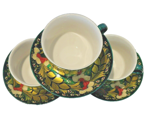 Vtg Christmas Decoration Green Set 3 Tea Cups 3 Saucers Teapot Creamer R3 - Picture 10 of 12