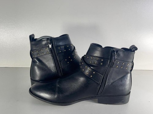 Primark Ladies Black Leather Side Zip &Buckle Strap Boots Shoes UK 5 EU 38 -A222 - Picture 4 of 7