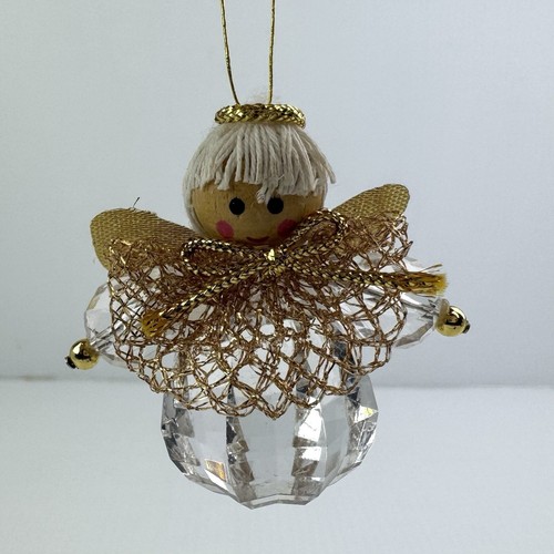 Vintage Engel klar Weihnachtsschmuck facettiert Kristall Holz Flügel rosige Wangen - Bild 7 von 7