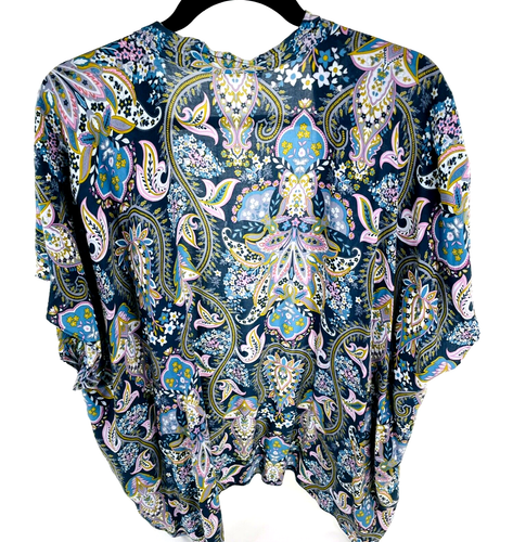 Loft Kimono Women Sz M/L Green Blue Pink Flowy Paisley Longline Layering Top - Picture 7 of 7