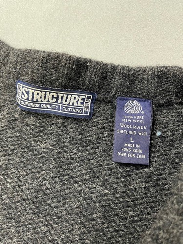 Structure Mens Sweater Large Gray 100% Shetland Wool Nordic Ski Striped Winter - Picture 4 of 7