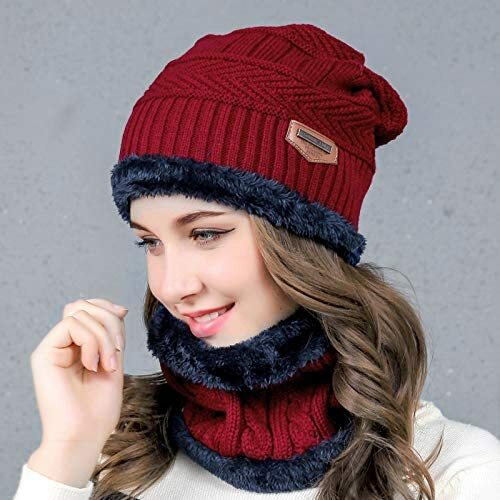 Warm Winter Beanie Hat & Scarf Set Stylish Knit Skull Cap for Men Women Red - Picture 2 of 3