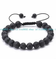 Black Lava Rock Natural Round Gems Beads Adjustable Bracelet 7.5'' 6/8/10/12mm