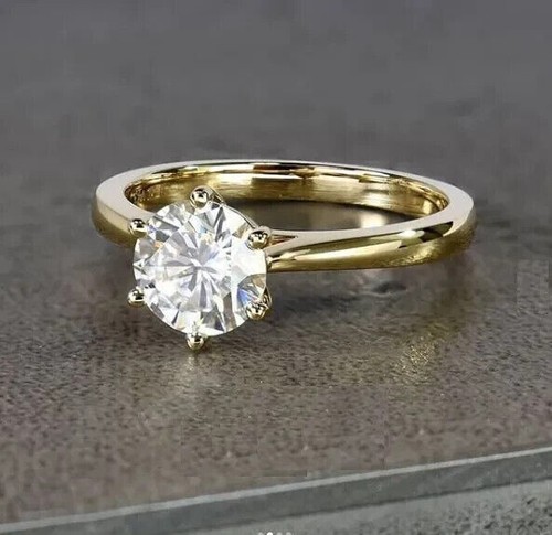 8mm Round Cut VVS1 Moissanite 14K Yellow Gold Plated Solitaire Engagement Ring - Picture 3 of 7