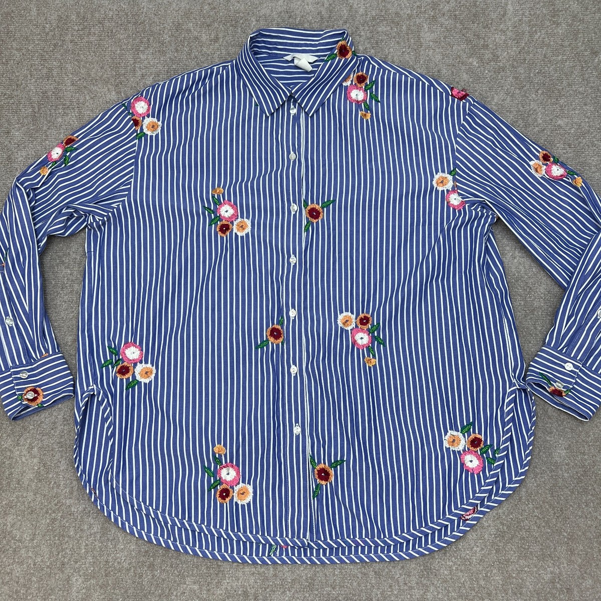 H M Shirt Womens 8 Button Up Blue White Striped Flower Embroidery Casual Adult eBay