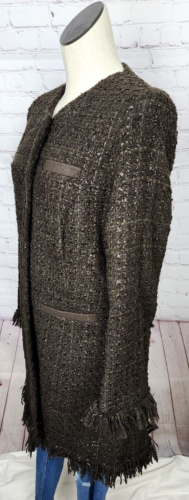 Vertigo Paris Tweed Boucle Jacket Coat Fringe Brown Silver Thread Quiet Luxury M - Picture 11 of 23
