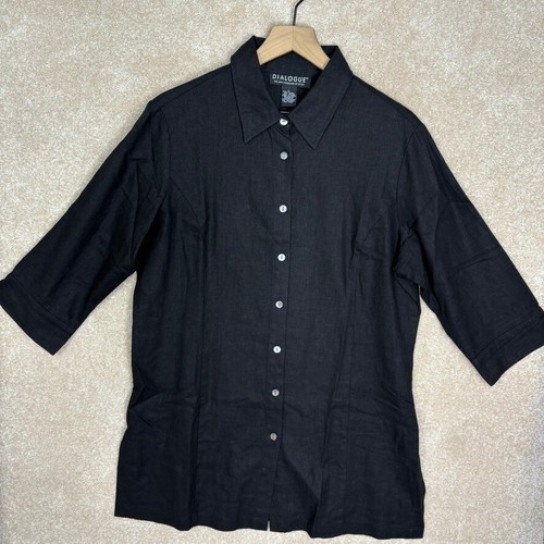Dialogue Black Linen Blend Button Up Shirt Size Large Oversized Tunic Minimalist