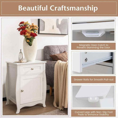 Nightstand With Drawer Cabinet Curved Legs Sofa Side End Accent Table White - Picture 6 of 7