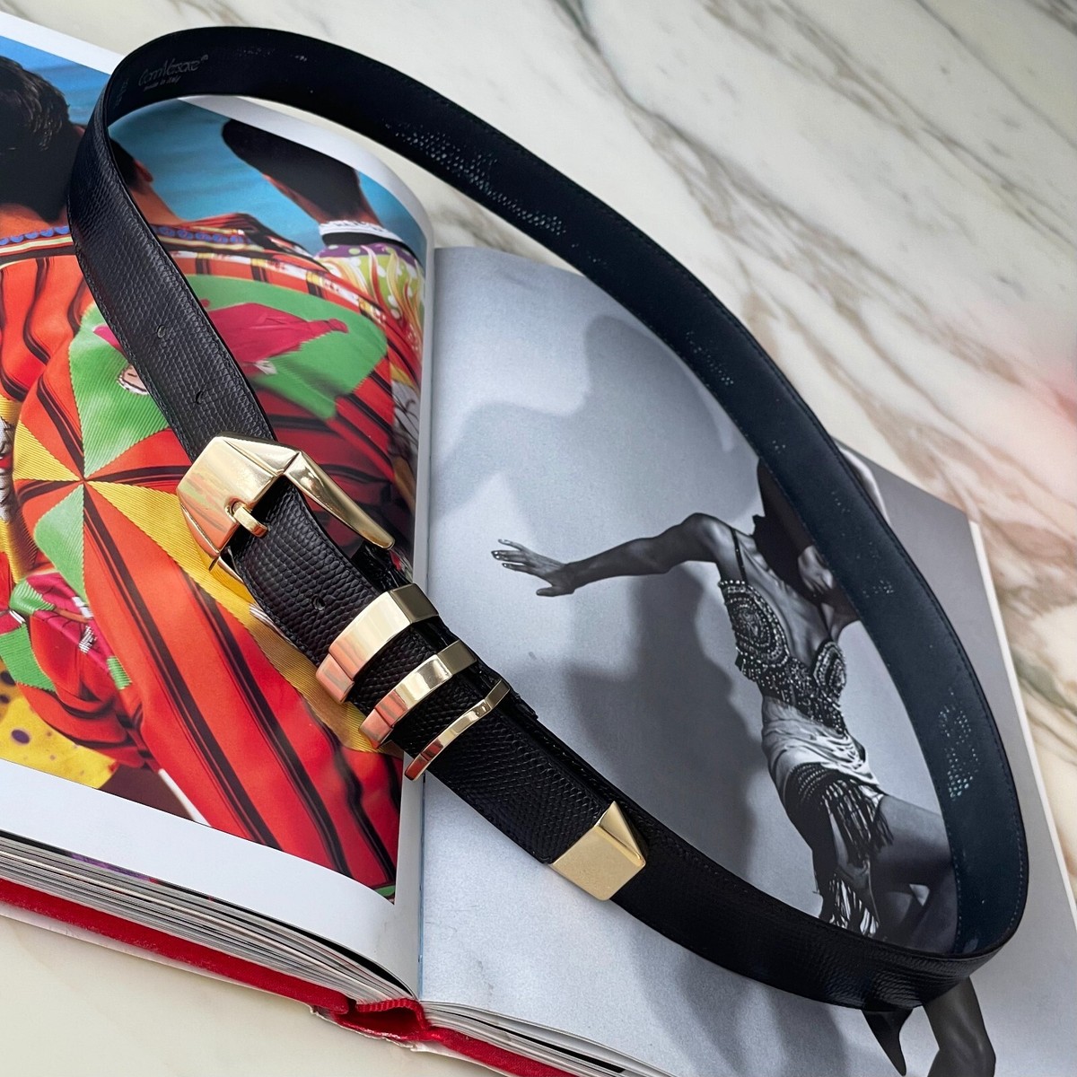 GIANNI VERSACE black leather belt w/ 3 gold tone loops size