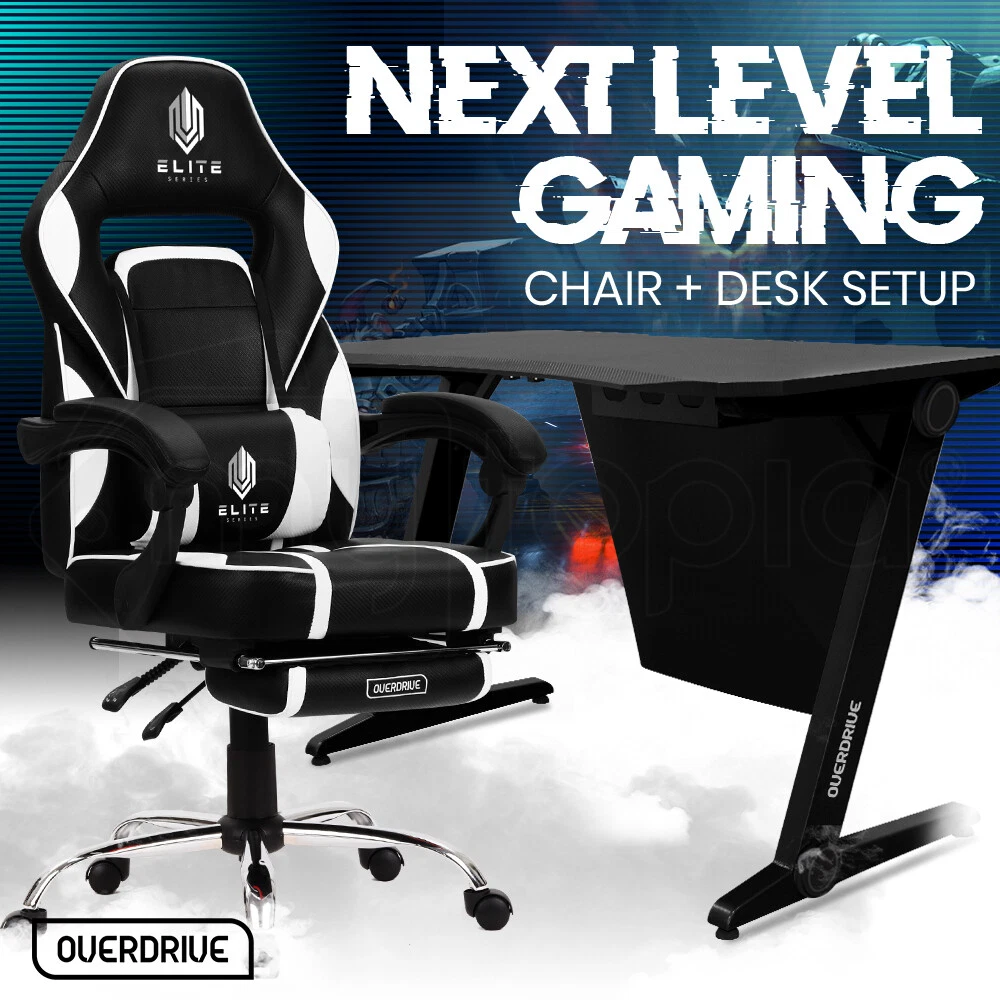 OVERDRIVE Gaming Chair Desk Racing Seat Setup PC Combo Office Black Table Foot