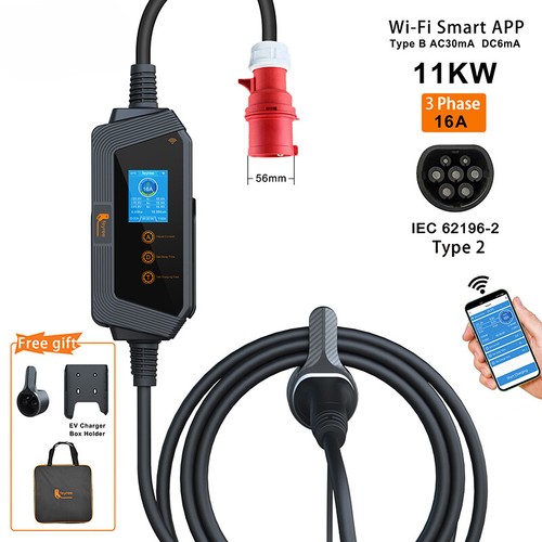 Type2 Cable Portable EV Charger 11KW 16A 3P Car Charger Wi-Fi APP Control EVSE