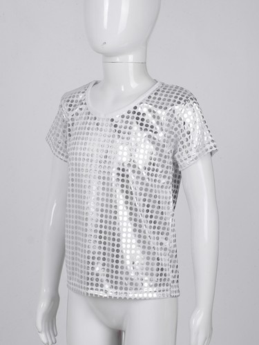 Kids Girls Boys Shiny Sequined Modern Dance Jazz T-Shirt Top Short Sleeve Shirts - Picture 39 of 79