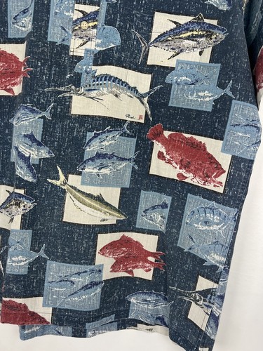 Reyn Spooner Shirt Mens L Naoki Gyotaku Red Blue Fish Print Pullover 4th July - Picture 5 of 13