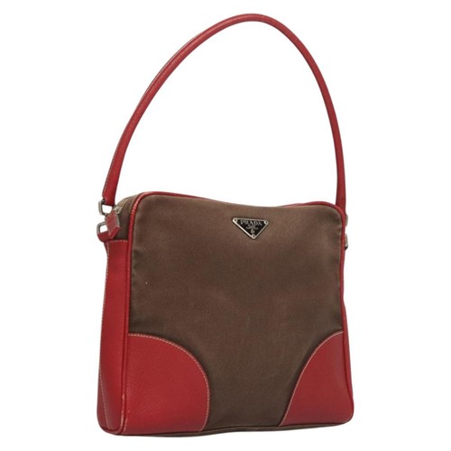 PRADA Shoulder Bag Canvas Red Silver Auth 123263