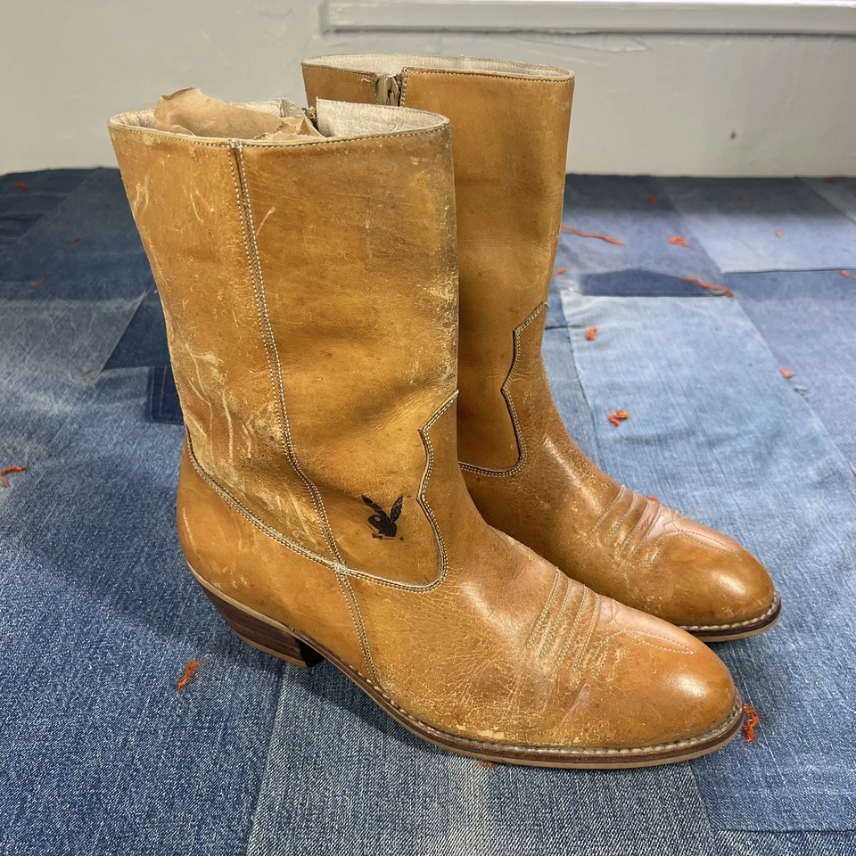 Винтажный 70-х редкая Playboy кожаные ботинки коричневый размер 8,5 D женщин унисекс стороны молнии - Изображение 2 из 4