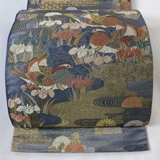Woman Japanese Kimono Fukuro-obi Silk Bird Flower Gold Thread Foil Blue gray