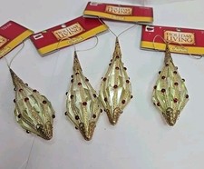 VTG Set Of 4 Gold  Red Hanging Plastic Teardrop Ornament Glitter NOS